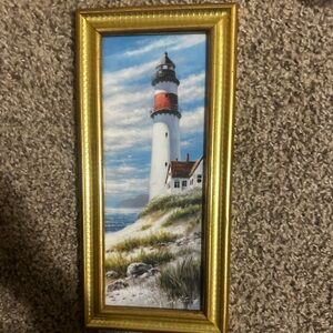 Framed Lighthouse Painting with Gold Frame